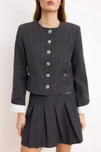 TRENDYOLMİLLA Anthracite Checkered Cuff Detailed Weaving buttoned Jacket - Image 3