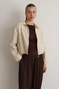 TRENDYOLMİLLA Off WHITE 100% Cotton Embroidered Zippered Thin Seasonal Crop Jacket