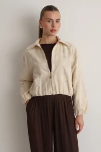 TRENDYOLMİLLA Off WHITE 100% Cotton Embroidered Zippered Thin Seasonal Crop Jacket - Image 2