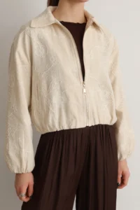 TRENDYOLMİLLA Off WHITE 100% Cotton Embroidered Zippered Thin Seasonal Crop Jacket - Image 3