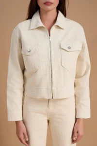 TRENDYOLMİLLA Ecru textured Material Detailed Zippered DENIM Jacket - Image 2