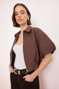 TRENDYOLMİLLA Brown Zippered Balloon Sleeve Thin Seasonal Jacket  Jacket - Image 3