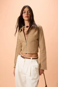 TRENDYOLMİLLA Beige Zippered Fitted Gabardine Seasonal Thin Jacket