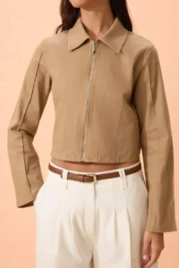 TRENDYOLMİLLA Beige Zippered Fitted Gabardine Seasonal Thin Jacket - Image 4