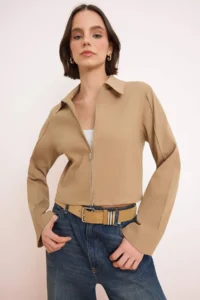 TRENDYOLMİLLA Beige Zippered Fitted Gabardine Seasonal Thin Jacket - Image 5
