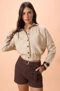 TRENDYOLMİLLA Beige buttoned Elastic Waist Thin Seasonal Poplin Jacket - Image 2