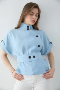 TRENDYOLMİLLA BLUE Lyocell Flowy Soft textured Short Sleeve Blouse Jacket