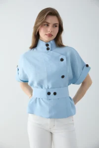 TRENDYOLMİLLA BLUE Lyocell Flowy Soft textured Short Sleeve Blouse Jacket - Image 2