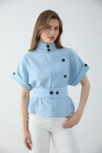 TRENDYOLMİLLA BLUE Lyocell Flowy Soft textured Short Sleeve Blouse Jacket - Image 3