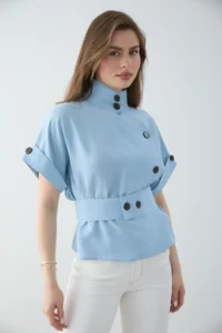 TRENDYOLMİLLA BLUE Lyocell Flowy Soft textured Short Sleeve Blouse Jacket - Image 4