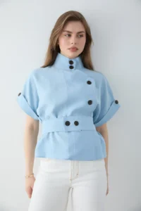 TRENDYOLMİLLA BLUE Lyocell Flowy Soft textured Short Sleeve Blouse Jacket - Image 5
