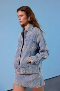 TRENDYOLMİLLA Limited Edition BLUE Patterned Oversized DENIM Jacket - Image 3