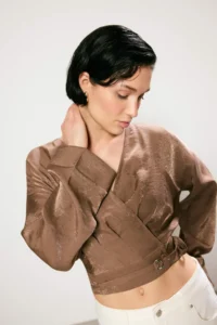 TRENDYOLMİLLA Trendyol Studio Brown Oversized Modal Shiny textured Draped tied up Jacket - Image 2
