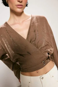 TRENDYOLMİLLA Trendyol Studio Brown Oversized Modal Shiny textured Draped tied up Jacket - Image 3