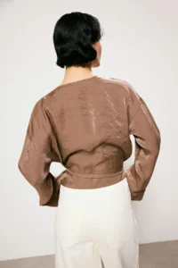 TRENDYOLMİLLA Trendyol Studio Brown Oversized Modal Shiny textured Draped tied up Jacket - Image 5