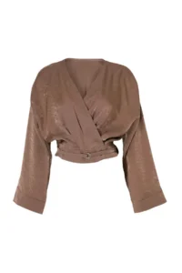 TRENDYOLMİLLA Trendyol Studio Brown Oversized Modal Shiny textured Draped tied up Jacket - Image 6