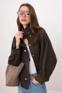 TRENDYOLMİLLA Dark Brown Liyosel snaps Oversized Shirt Jacket