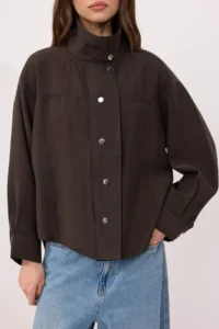 TRENDYOLMİLLA Dark Brown Liyosel snaps Oversized Shirt Jacket - Image 3