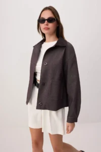 TRENDYOLMİLLA Brown Velvet Collar Detailed Gabardine Seasonal Jacket - Image 2