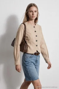 TRENDYOLMİLLA Beige Handles Battery Detailed Weaving Jacket - Image 4