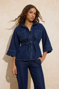 TRENDYOLMİLLA DARK BLUE Tie Waist Tencel Blended DENIM Shirt - Image 2