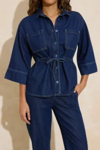 TRENDYOLMİLLA DARK BLUE Tie Waist Tencel Blended DENIM Shirt - Image 3