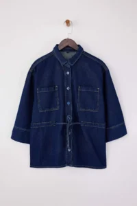 TRENDYOLMİLLA DARK BLUE Tie Waist Tencel Blended DENIM Shirt - Image 5