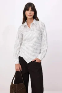 TRENDYOLMİLLA WHITE-Multicolored removable Scarf Detailed Shirt - Image 3