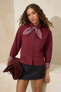 TRENDYOLMİLLA Burgundy Checkered Scarf Detailed Gabardine Shirt