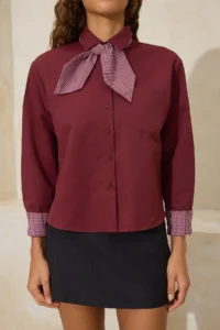 TRENDYOLMİLLA Burgundy Checkered Scarf Detailed Gabardine Shirt - Image 3