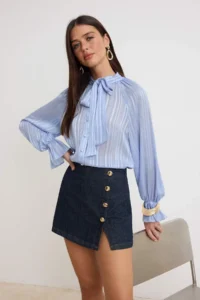TRENDYOLMİLLA BLUE Scarf Detailed Weaving Shirt - Image 2