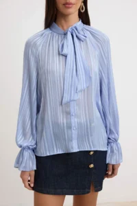 TRENDYOLMİLLA BLUE Scarf Detailed Weaving Shirt - Image 3