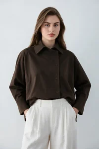 TRENDYOLMİLLA Dark Brown Kapama Detailed 100% Cotton Weaving Shirt
