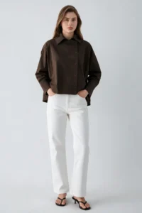 TRENDYOLMİLLA Dark Brown Kapama Detailed 100% Cotton Weaving Shirt - Image 2
