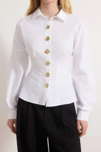 TRENDYOLMİLLA WHITE Gold Accessories Cotton Waist Fitting Shirt - Image 3