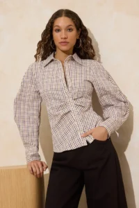 TRENDYOLMİLLA Multicolored Balloon Sleeve Detailed Waist Fitting Asymmetric Kapama Weaving Shirt