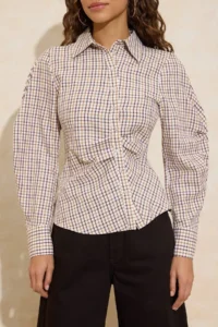 TRENDYOLMİLLA Multicolored Balloon Sleeve Detailed Waist Fitting Asymmetric Kapama Weaving Shirt - Image 3