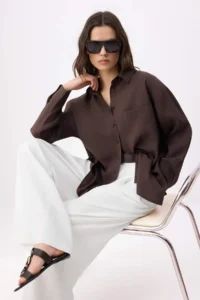 TRENDYOLMİLLA Brown Wide Pattern Modal Shirt