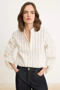 TRENDYOLMİLLA WHITE Striped Gather Detailed Shirt