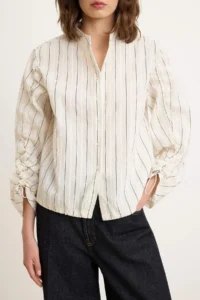 TRENDYOLMİLLA WHITE Striped Gather Detailed Shirt - Image 3