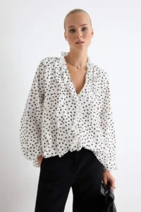 TRENDYOLMİLLA WHITE Polka Dot Ruffle Detailed Weaving Shirt - Image 2
