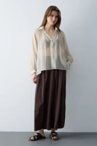 TRENDYOLMİLLA Beige Thin Draped Balloon Sleeve Weaving Shirt - Image 3