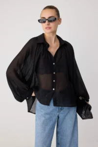TRENDYOLMİLLA Black Thin Draped Balloon Sleeve Weaving Shirt