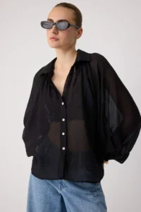 TRENDYOLMİLLA Black Thin Draped Balloon Sleeve Weaving Shirt - Image 2