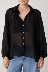 TRENDYOLMİLLA Black Thin Draped Balloon Sleeve Weaving Shirt - Image 3