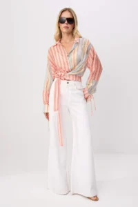 TRENDYOLMİLLA PINK-Multicolored Striped Front tied up Lightly TransparentShirt