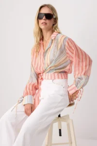 TRENDYOLMİLLA PINK-Multicolored Striped Front tied up Lightly TransparentShirt - Image 2
