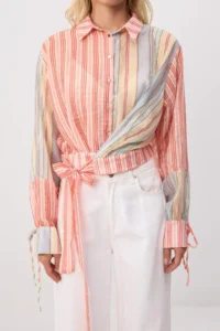 TRENDYOLMİLLA PINK-Multicolored Striped Front tied up Lightly TransparentShirt - Image 3