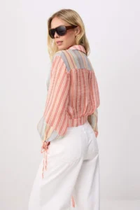 TRENDYOLMİLLA PINK-Multicolored Striped Front tied up Lightly TransparentShirt - Image 4