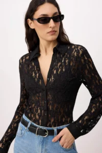 TRENDYOLMİLLA Black Plain Fitted Shirt Collar Long Sleeve Lace Knitting Shirt - Image 2